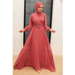 Neva Style 3435KSMN Dantel Detaylı Koyu Somon Tesettür Abiye Elbise