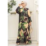 Neva Style 34610Y Yeşil Desenli Tesettür Elbise