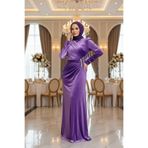 Neva Style 36891KLILA Detaylı Koyu Lila Tesettür Drape Kadife Elbise
