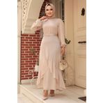 Neva Style 4566BEJ Volanlı Bej Tesettür Abiye Elbise