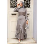 Neva Style 4566GR Volanlı Gri Tesettür Abiye Elbise