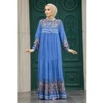 Neva Style 50095IM İndigo Mavisi Desenli Tesettür Elbise
