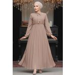 Neva Style 50351V Yakası Bağlamalı Vizon Tesettür Elbise