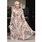 Neva Style 50355BEJ Çiçek Desenli Bej Tesettür Elbise
