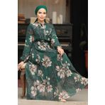 Neva Style 50355ZY Çiçek Desenli Zümrüt Yeşili Tesettür Elbise