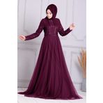 Neva Style 5338MU Pul Payetli Mürdüm Tesettür Abiye Elbise