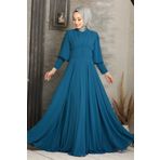 Neva Style 53810PM Düğme Detaylı Petrol Mavisi Tesettür Abiye Elbise