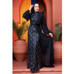 Neva Style 5516GMS Şifon Detaylı Pul Payet Gümüş Tesettür Abiye Elbise