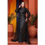 Neva Style 56291GMS Pul Payet İşlemeli Gümüş Tesettür Abiye Elbise