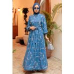 Neva Style 56832IM Çiçek Desenli İndigo Mavisi Tesettür Elbise