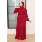 Neva Style 5726BR Kat Piliseli Bordo Tesettür Elbise