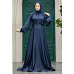 Neva Style 5758L Saten Lacivert Tesettür Abiye Elbise