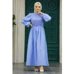 Neva Style 5857M Dantel Detaylı Mavi Tesettür Elbise