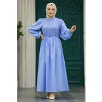 Neva Style 5857M Dantel Detaylı Mavi Tesettür Elbise