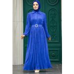 Neva Style 5936IM Tokalı Kemerli İndigo Mavisi Tesettür Elbise