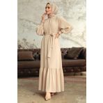 Neva Style 5972KR Etek Ucu Volanlı Krem Tesettür Elbise