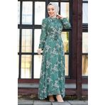 Neva Style 81390Y Çiçek Desenli Yeşil Tesettür Elbise