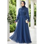 Neva Style Bağlama Detaylı Lacivert Tesettür Abiye Elbise 48051l