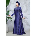 Neva Style Boncuk Işlemeli Lacivert Tesettür Saten Abiye Elbise 47112l