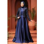 Neva Style Ceket Detaylı Lacivert Tesettür Saten Abiye Elbise 25881l