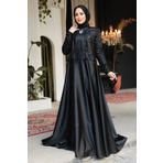 Neva Style Ceket Detaylı Siyah Tesettür Saten Abiye Elbise 25881s
