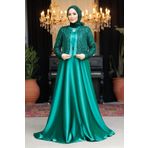 Neva Style Ceket Detaylı Yeşil Tesettür Saten Abiye Elbise 25881y