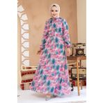 Neva Style Çiçek Desenli Fuşya Tesettür Elbise 27994F