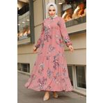 Neva Style Çiçek Desenli Gül Kurusu Tesettür Elbise 22052GK