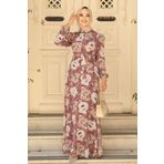 Neva Style - Çiçek Desenli Gül Kurusu Tesettür Elbise 27939gk
