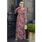 Neva Style - Çiçek Desenli Gül Kurusu Tesettür Elbise 29710gk