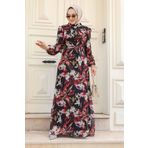 Neva Style - Çiçek Desenli Kırmızı Tesettür Elbise 27941k