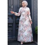 Neva Style Çiçek Desenli Krem Tesettür Elbise 279902KR