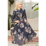 Neva Style Çiçek Desenli Lacivert Tesettür Elbise 50355L