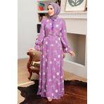Neva Style - Çiçek Desenli Lila Tesettür Elbise 32944lıla