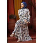 Neva Style Çiçek Desenli Mavi Tesettür Elbise 50251M