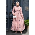 Neva Style Çiçek Desenli Pudra Tesettür Elbise 32816PD
