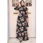 Neva Style - Çiçek Desenli Siyah Tesettür Elbise 27926s