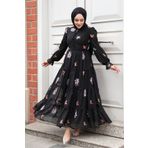 Neva Style Çiçek Desenli Siyah Tesettür Elbise 32816S