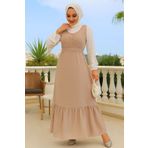 Neva Style Çizgili Bej Tesettür Jile Elbise 70501BEJ