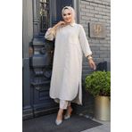 Neva Style Çizgili Bej Tesettür Tunik 10521BEJ