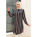 Neva Style - Çizgili Lacivert Tesettür Viskon Tunik 11584l