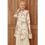Neva Style - Desenli Ekru Tesettür Viskon Tunik 11566e