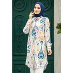 Neva Style - Desenli Lacivert Tesettür Viskon Tunik 11676l