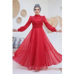Neva Style Drape Detaylı Kırmızı Tesettür Abiye Elbise 45701k