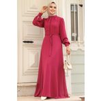 Neva Style - Düğme Detaylı Fuşya Tesettür Elbise 2703f