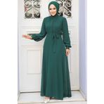 Neva Style - Düğme Detaylı Yeşil Tesettür Elbise 2703y