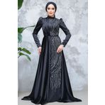 Neva Style Kuyruklu Siyah Tesettür Saten Abiye Elbise 4303s
