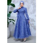 Neva Style - Payet Boncuk Işlemeli Indigo Mavisi Tesettür Abiye Elbise 4908ım