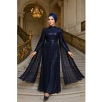 Neva Style Pelerin Detaylı Lacivert Payetli Tesettür Abiye Elbise 47551l