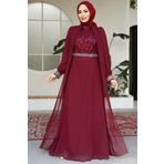 Neva Style Pelerinli Bordo Tesettür Abiye Elbise 25876BR